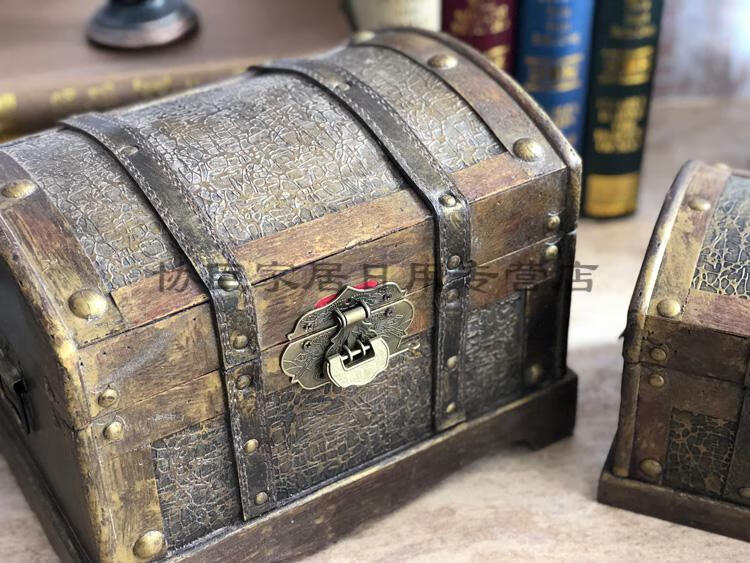 nsyca 仿古海盗箱黄金色藏宝箱配锁古典木箱子复古收纳盒老式木头储物