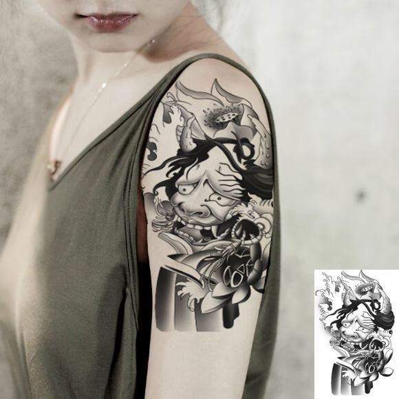 新品般若纹身贴线条刹车印般若纹身贴防水男女图腾手臂黑白复古仿真