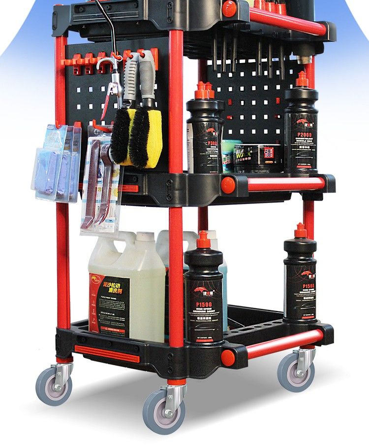 洗车店汽车美容工具车专用多功能塑料三层移动收纳小手推车架子工具车