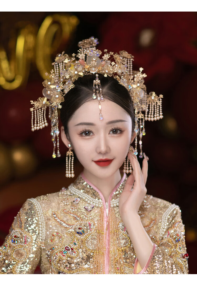 if施华洛世奇锆民族风新娘头饰中式古风凤冠大气琉璃花珠串流苏秀禾服