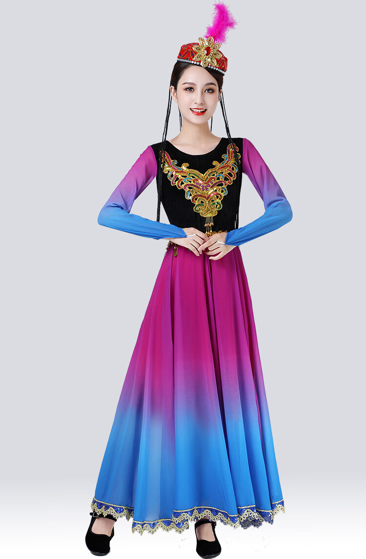 维吾尔族舞蹈服装女新疆演出服民族风舞台服装成人大摆裙表演服 帽