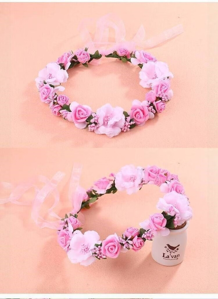 花圈头戴头圈婚庆清新头花环拍照儿童成人头上度假小女孩装饰品 红色