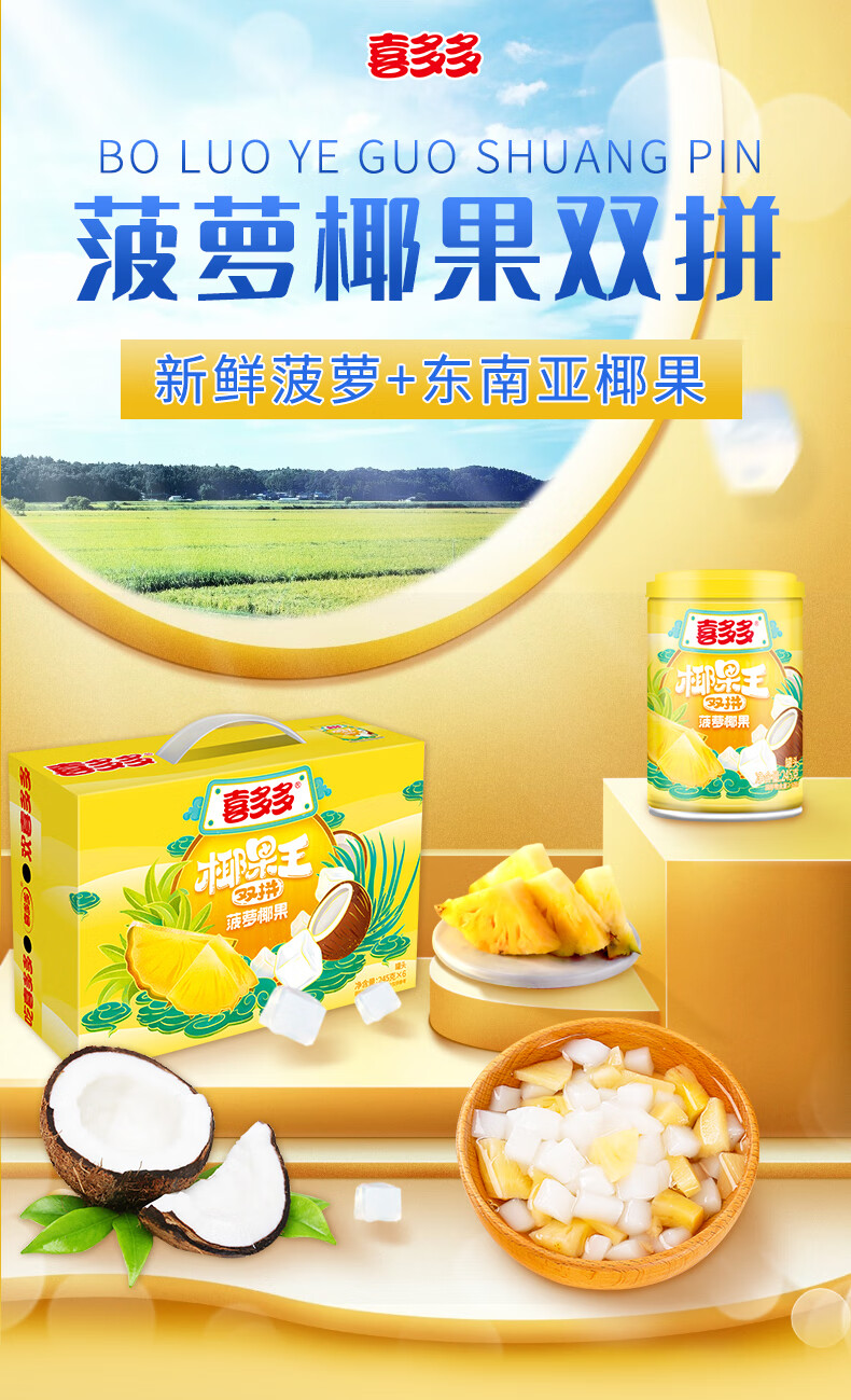 喜多多 喜多多椰果王菠萝椰果双拼什锦水果罐头饮料送礼网红甜品 245*