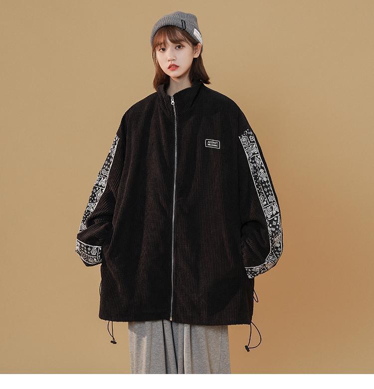 新款灯芯绒外套女春秋oversize美式复古设计感小众夹克ins潮黑色面料l