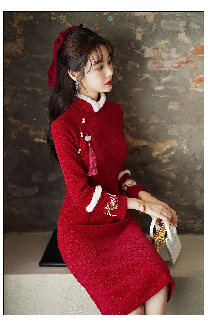 羽俙碧旗袍女冬季加厚旗袍女年轻款小个子旗袍年新款改良红色年轻新娘