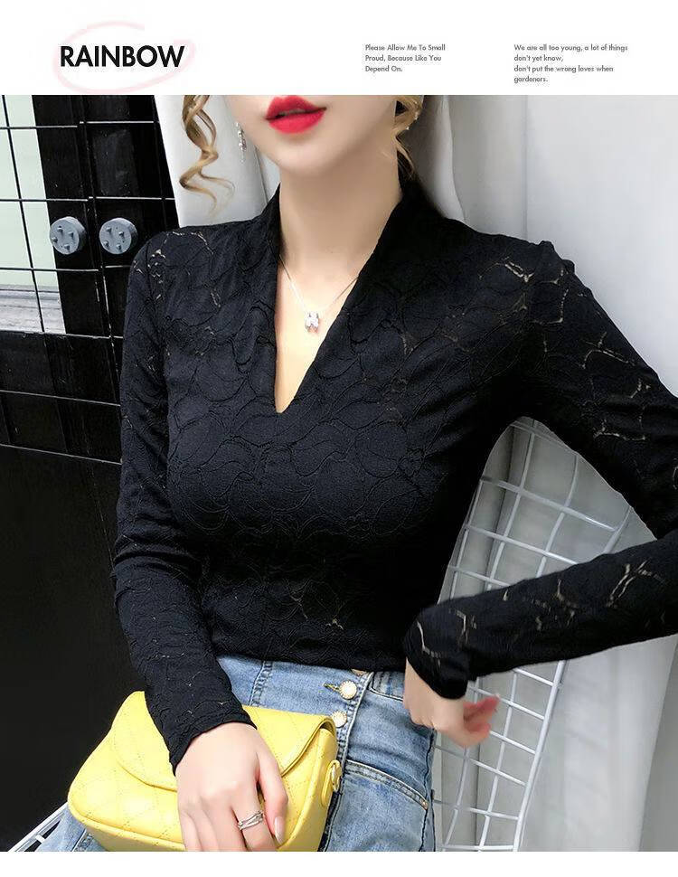 工厂直供低领雷丝女打底衫内搭加绒v领蕾丝装长袖修身女士休闲上衣