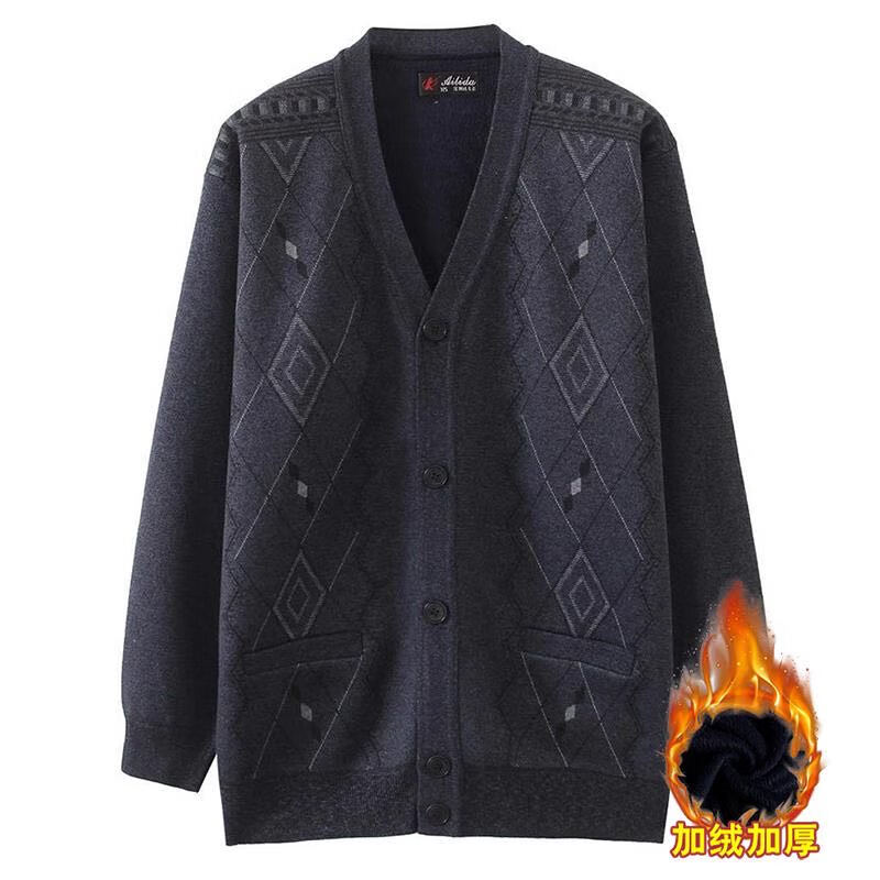 中老年男式开胸毛衣男士冬季针织开衫中年爸爸秋冬装外套v领老人加绒