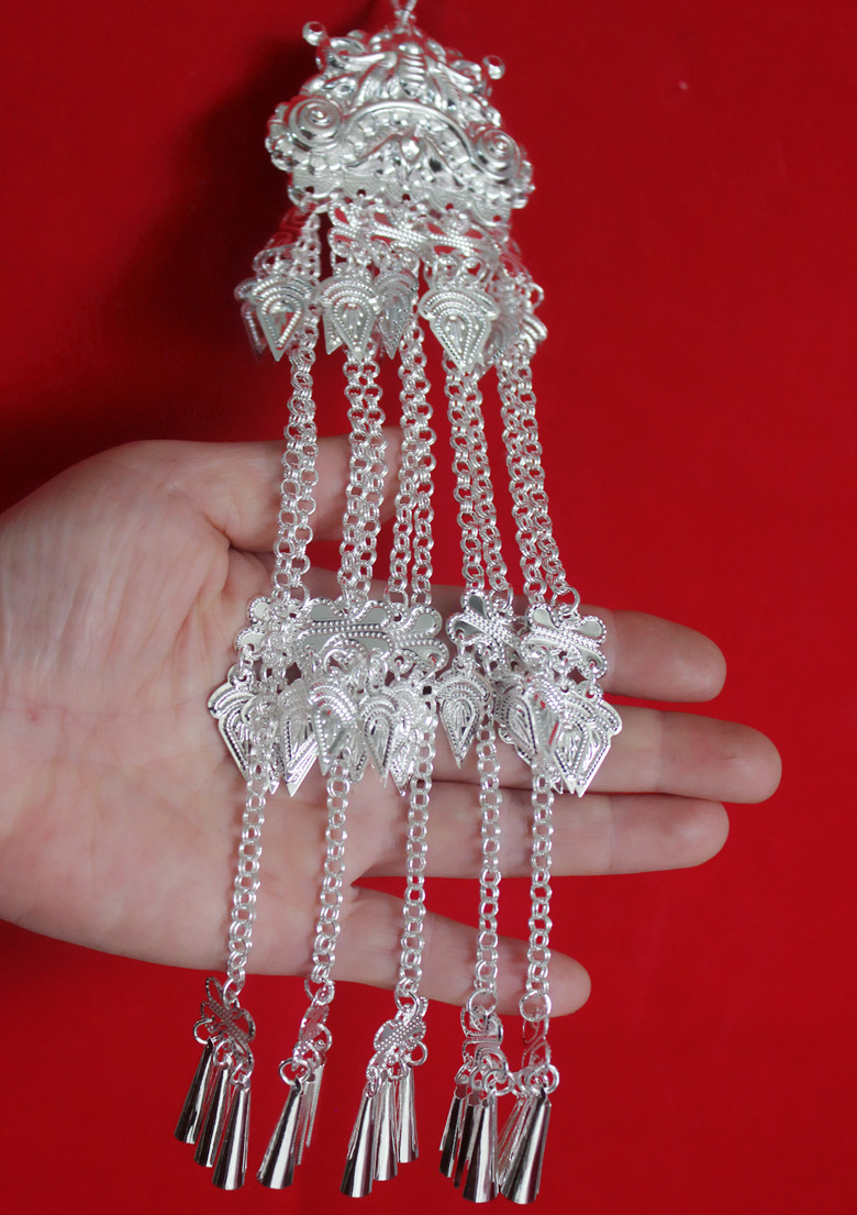 苗族银饰耳环湖南湘西披肩流苏百搭流行饰品时尚耳饰 银色1 20厘米