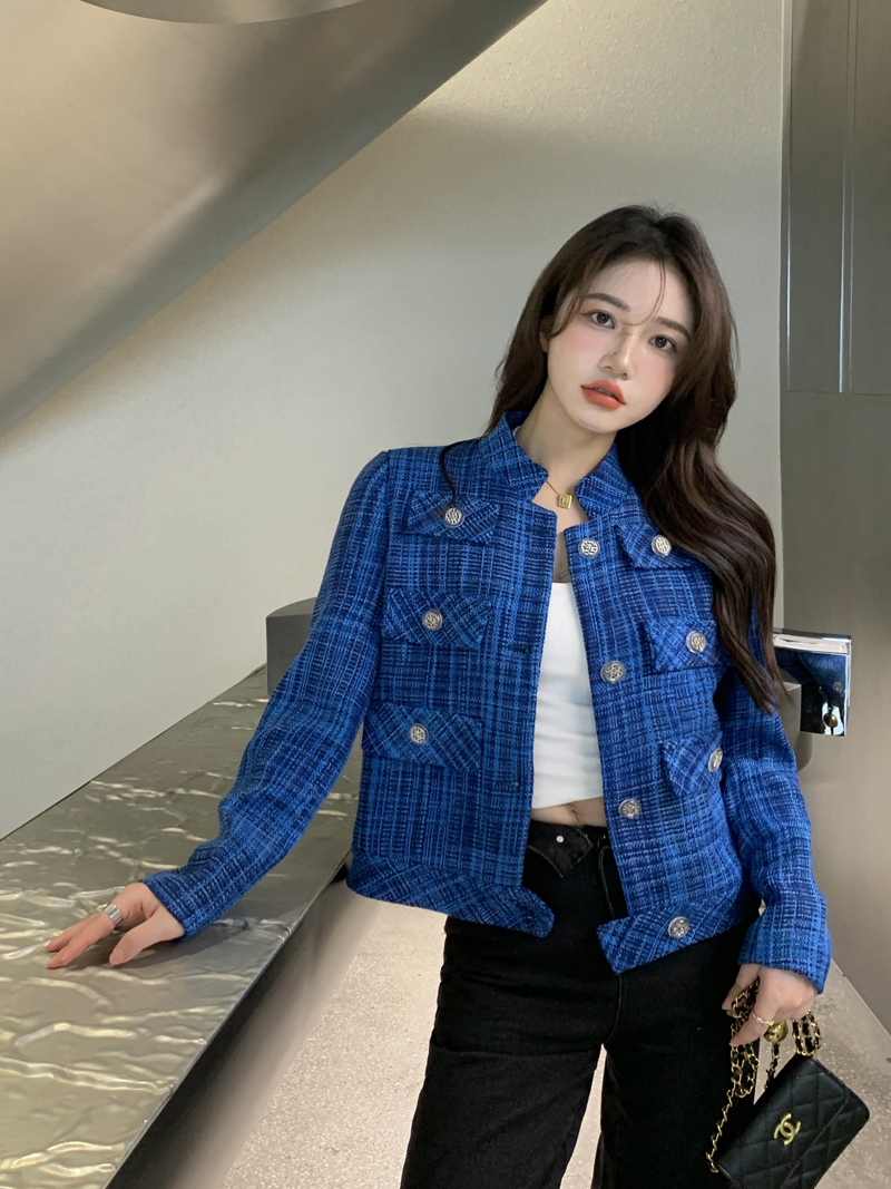 格子短外套女装春秋克莱因蓝小香风立领修身法式百搭气质名媛上衣蓝色