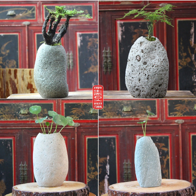天然石头盆天然鹅卵石花瓶花插金钱草多肉文竹绿萝水培花器创意石头