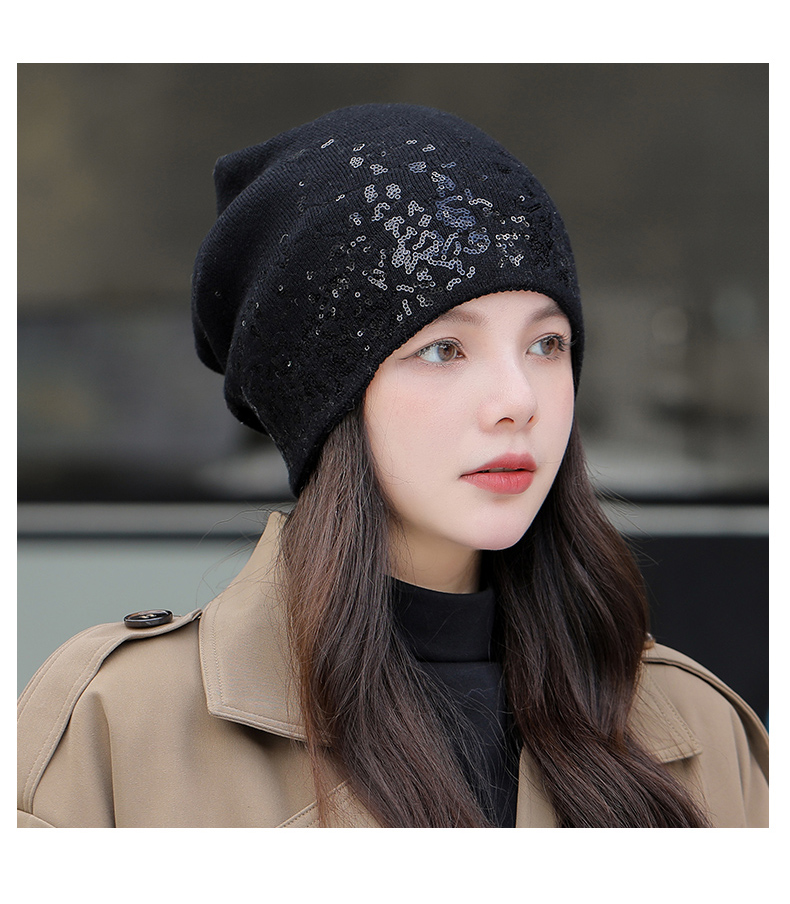 莫代尔帽子女秋冬毛线帽保暖护耳针织帽女士韩版洋气时尚百搭亮片堆堆