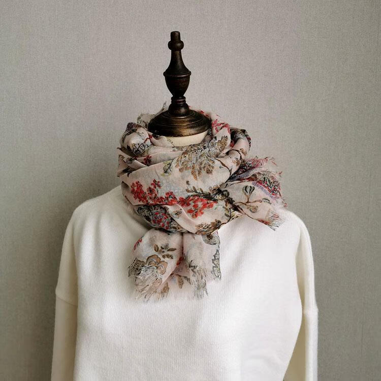 西班牙女薄棉手感碎花围巾春夏秋遮阳披肩柔软有气质花色一190x100