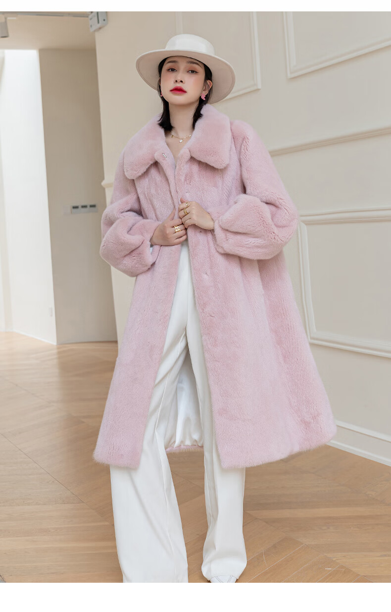 欧迪鸟品牌女装貂皮大衣女整貂长款年轻翻领水貂皮草外套 珍珠白 xl