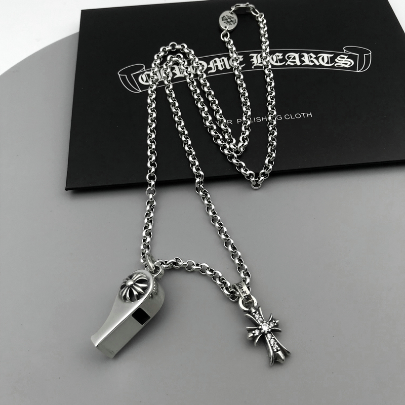 欧凯伦ch克罗心锆钻十字架925银项链男女个性口哨双吊坠欧美复古泰银