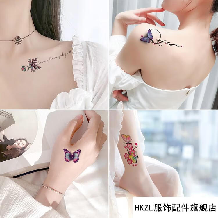 hkzl蝴蝶纹身贴d立体水汗女生女士仿小图案锁骨遮疤痕文身贴纸晒手套