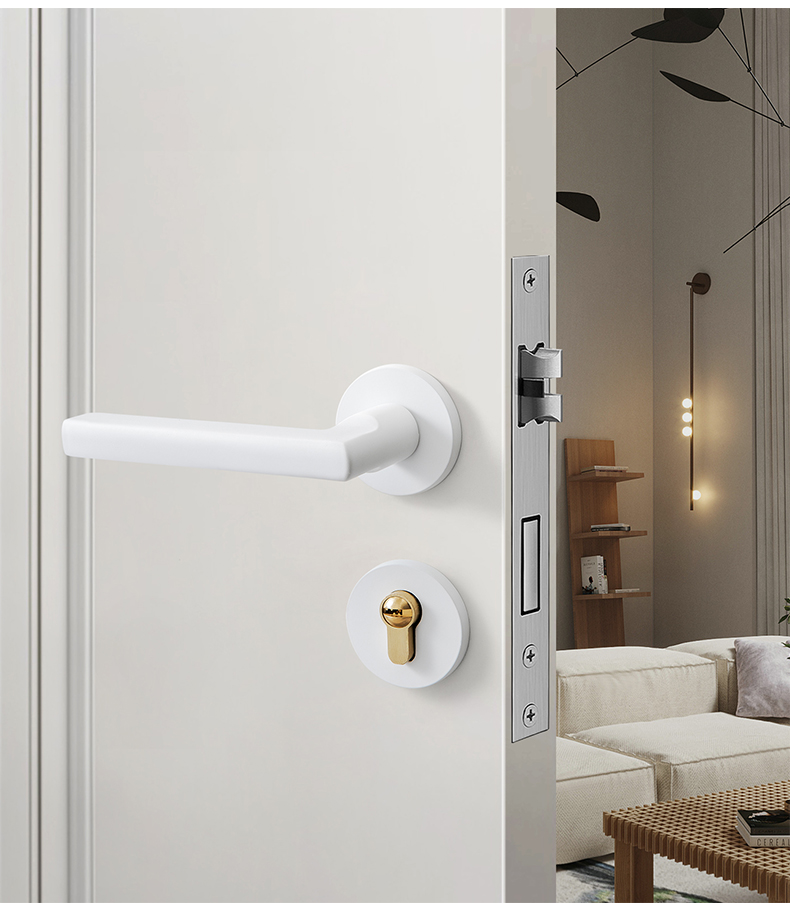 白色门门锁安装效果图图片