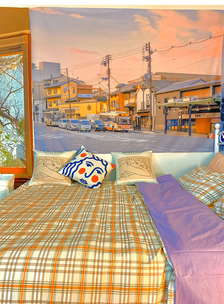 ins晚霞窗户系挂毯窗外风景背景布房间卧室床头装饰挂布日系街道横版