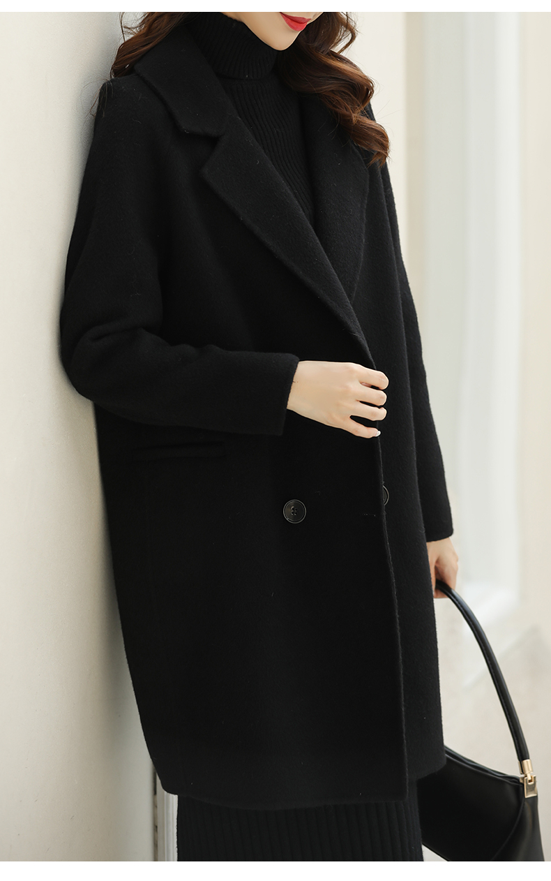 蔻伊娅黑色羊毛呢外套中长款2021茧型双排扣双面呢零羊绒双面大衣女