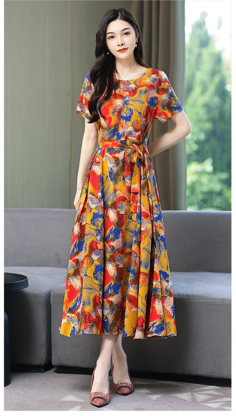 连衣裙上新妈妈棉绸连衣裙夏40岁50中碎花过膝长裙中老女装夏季人造棉