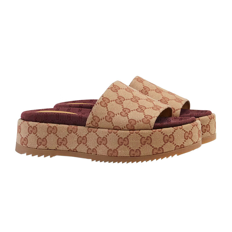 【包税】gucci/古驰 22秋冬新款 女士米色帆布砖红色经典gg图案中跟凉