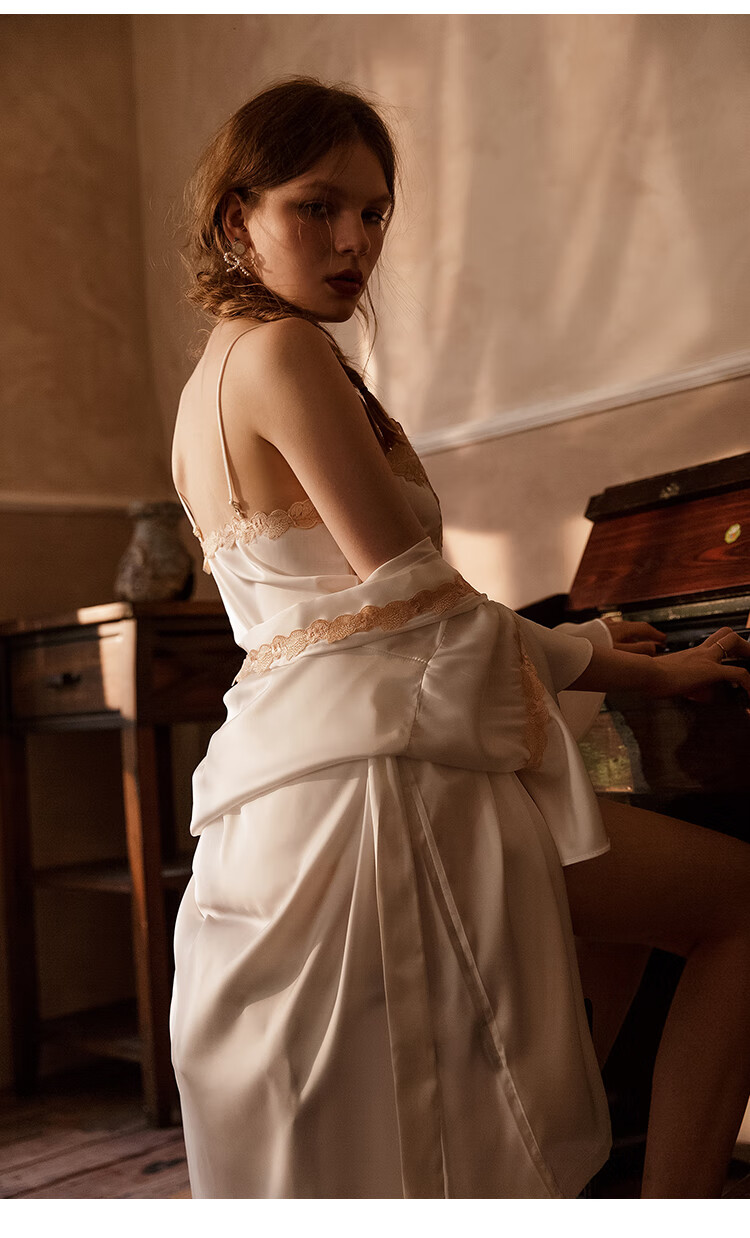 欧洲站性感睡衣女士夏季薄款冰丝睡袍吊带睡裙两件套洋气家居服套装