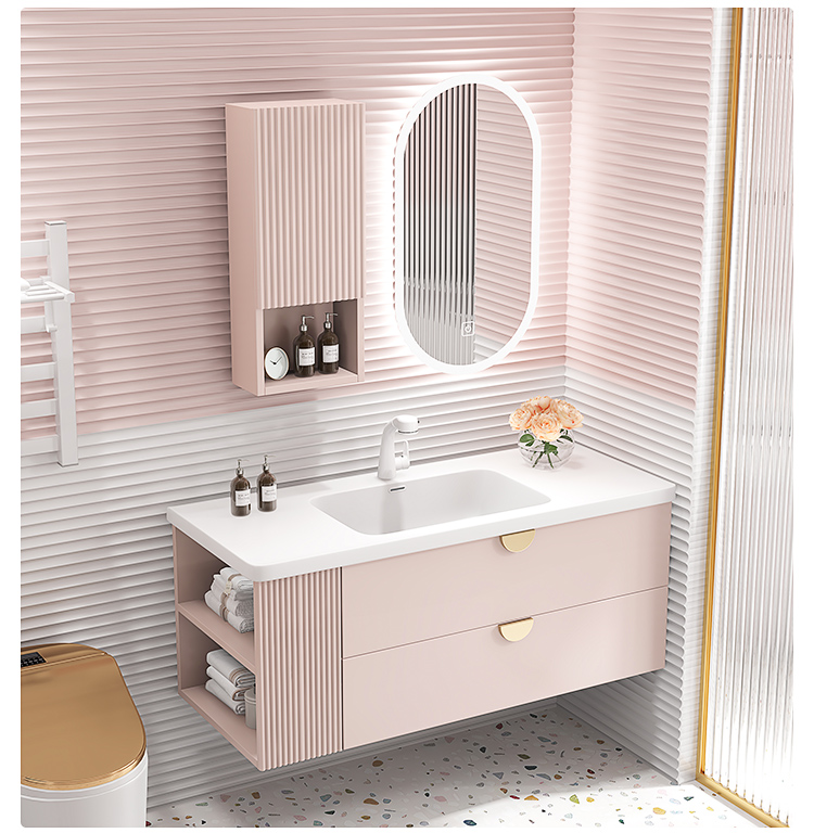 尚高浴室柜实橡木浴室柜ins风粉色卫生间洗漱台洗脸洗手盆柜组合一体
