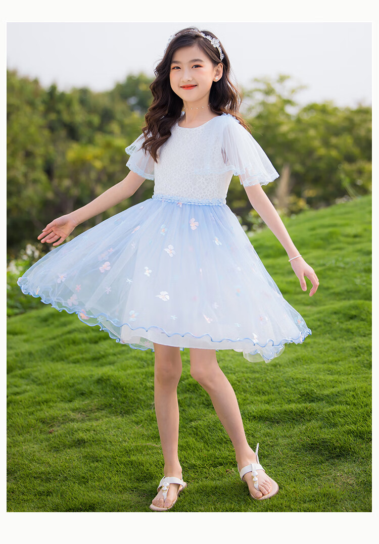 荷棠梦女童连衣裙5岁小女孩裙子7蕾丝刺绣纱裙6夏装8儿童披肩袖网纱