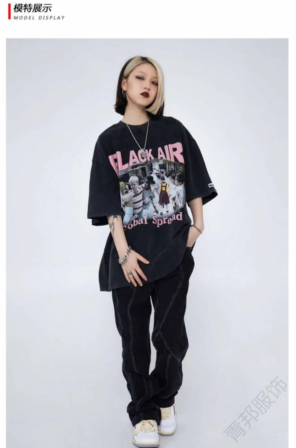 夏季blackpink美式复古做旧发泡字母慵懒黑粉短袖t恤男同款男装联名