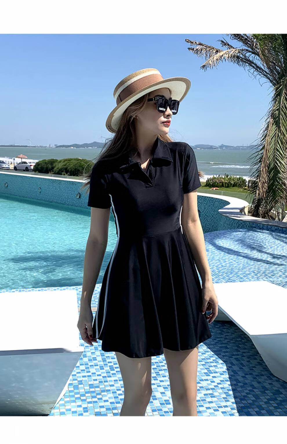 v领泳衣女分体裙式 v领微胖女泡温泉大码胖mm分体运动保守遮肉显瘦