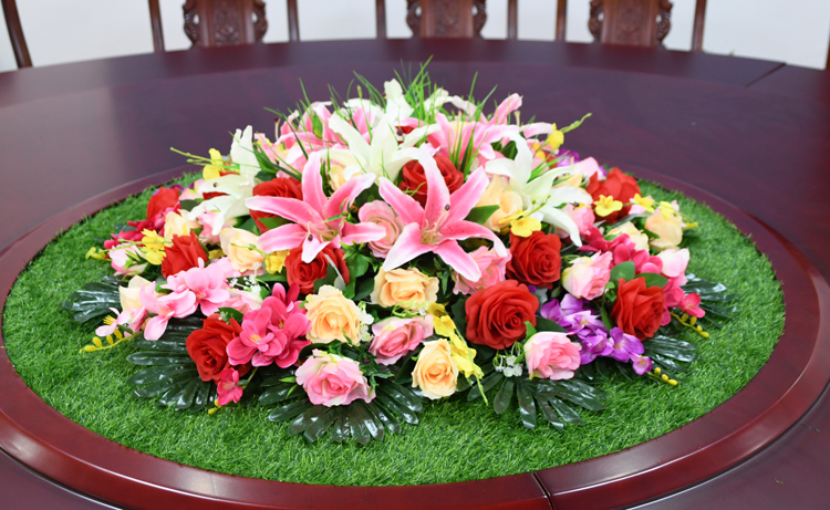 酒店大圆桌花摆花艺餐桌中间转盘摆花装饰花玻璃转盘摆花圆形假花绿色