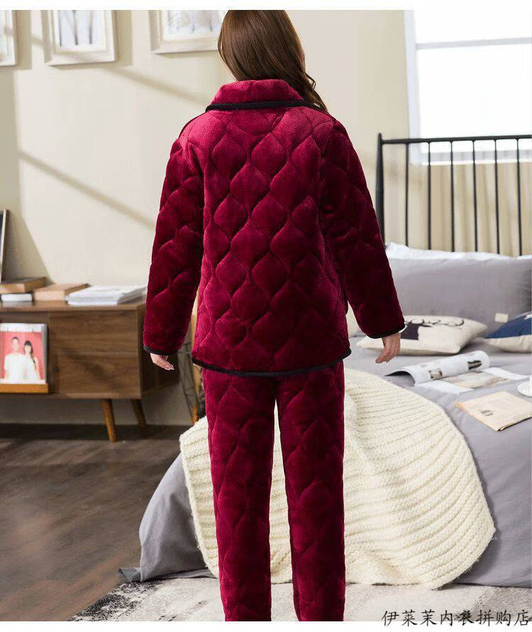伊莱茉中老年冬季睡衣女加厚款三层夹棉睡袄棉袄套装冬季三层夹棉加厚
