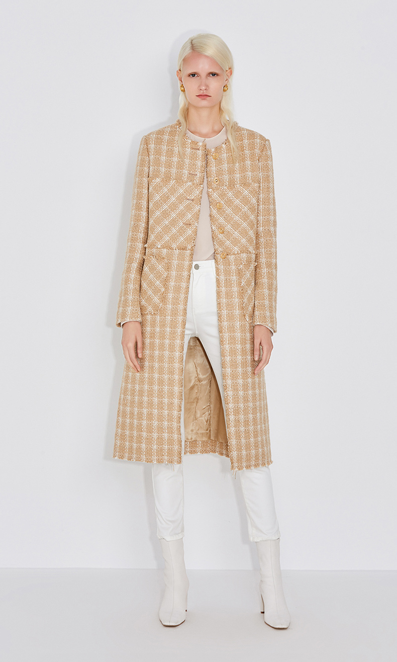 ochirly欧时力新款春装小香风格子流苏冰岛花呢长款大衣外套女黑白格