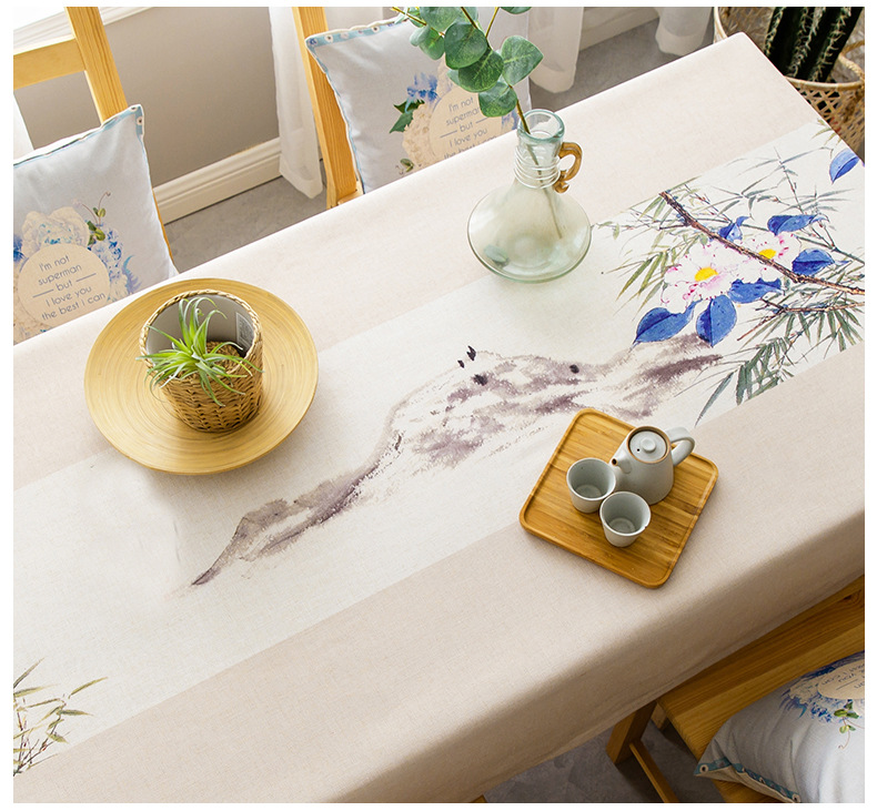 风防水防油免洗禅意古风正方形茶几布艺台布长雀上枝头桌布防水8585cm