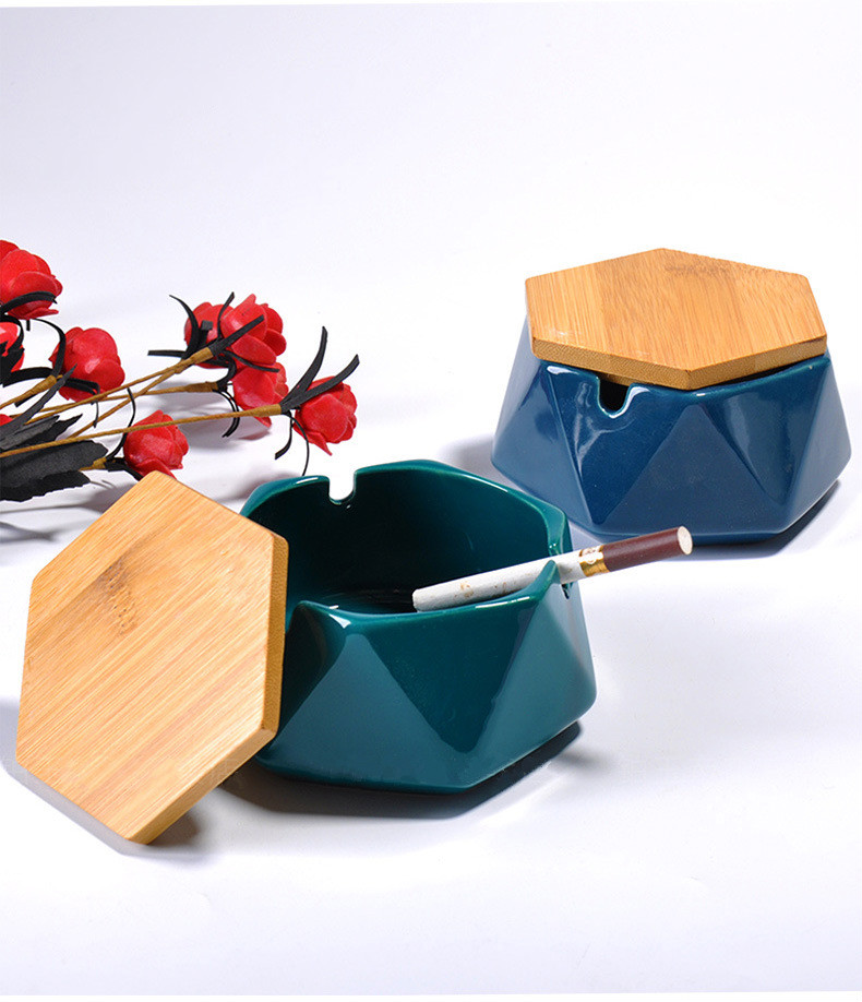 烟灰缸带盖陶瓷烟灰缸 北欧风家用六边形烟缸制作实用礼品现货 天蓝色