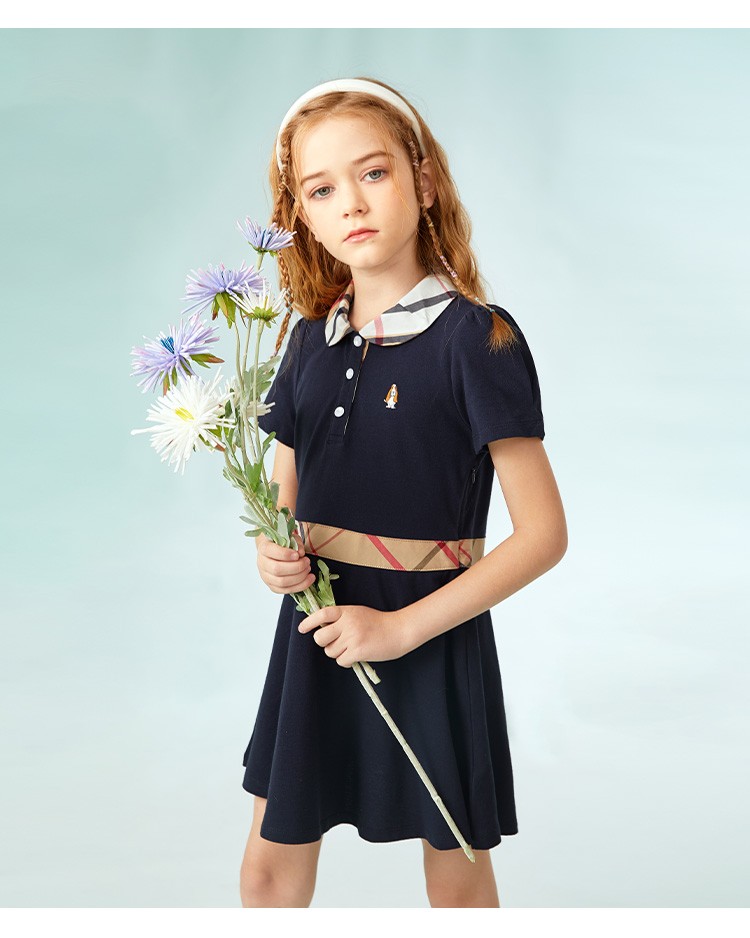 暇步士童装女童连衣裙2022年夏季新款女大童舒适时尚格子拼接连衣裙