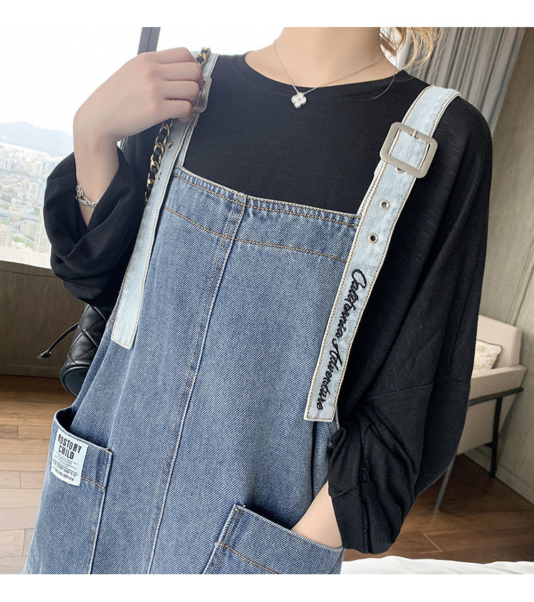 夏季2022年新款学生韩版宽松牛仔裙流行过膝连衣裙女单件蓝色背带裙s