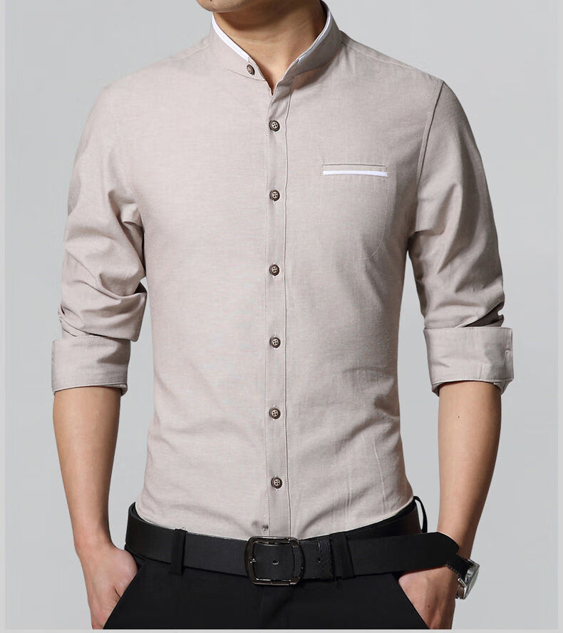 加绒立领衬衫男长袖浅色中山圆领秋冬休闲寸冬季加棉加厚保暖衬衣 不