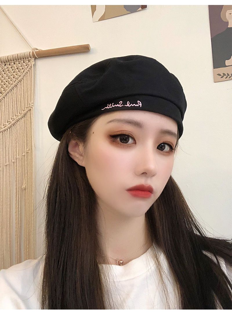 蓓蕾帽黑色字母刺绣贝雷帽女春夏季英伦复古画家帽休闲百搭八角帽潮
