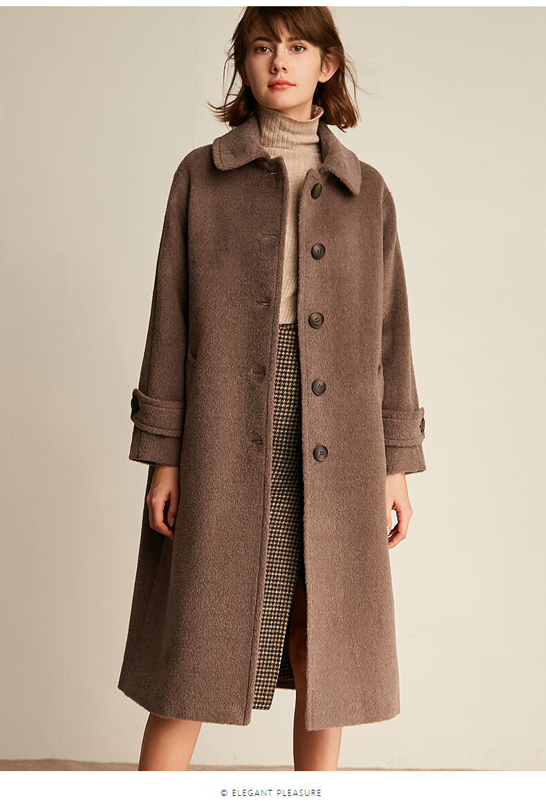 商场同款唯茧深咖色阿尔巴卡大衣女中长款2022秋冬新款双面呢绒外套深