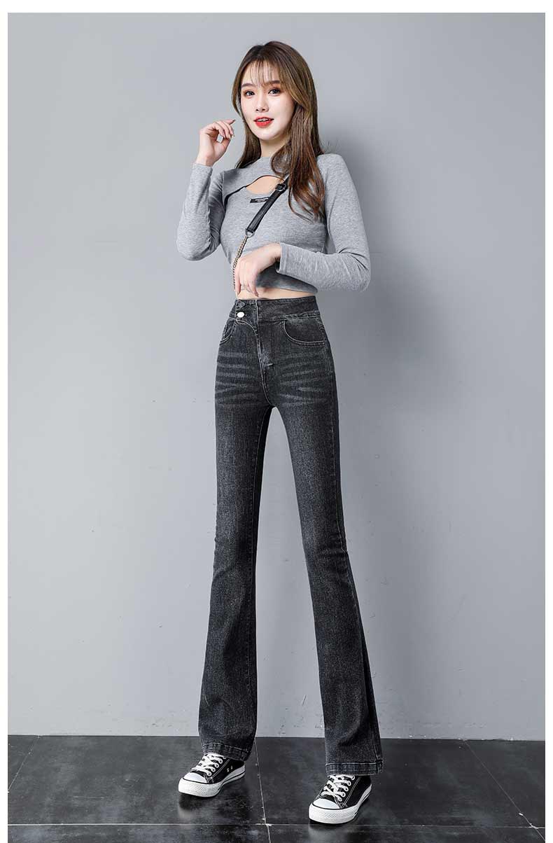 浪莎质感一号新款女装加绒牛仔裤女微喇裤叭紧身冬季显瘦黑色小喇叭