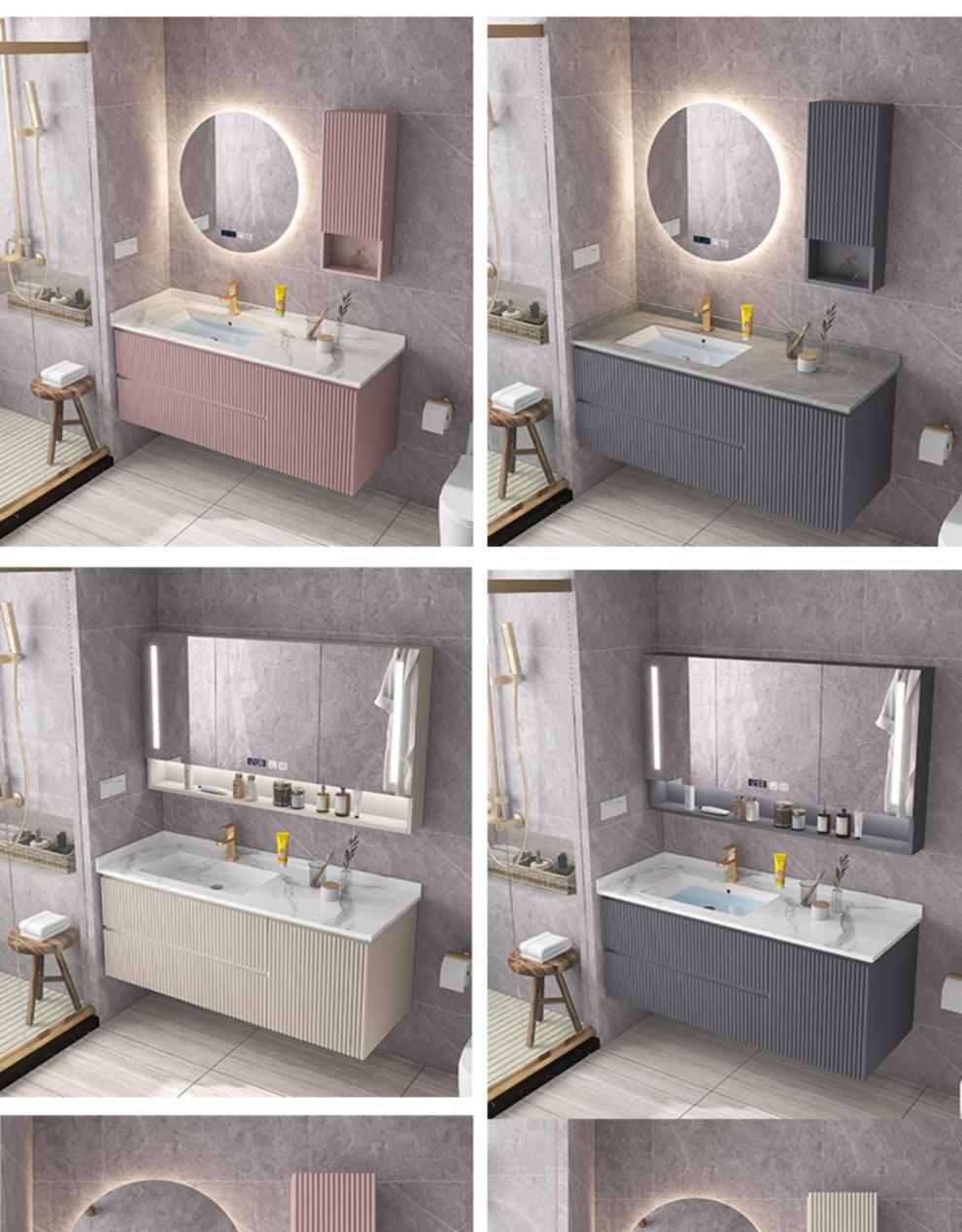 欧路莎高端卫浴轻奢岩板一体盆浴室柜实木现代简约粉色卫生间洗手盆柜