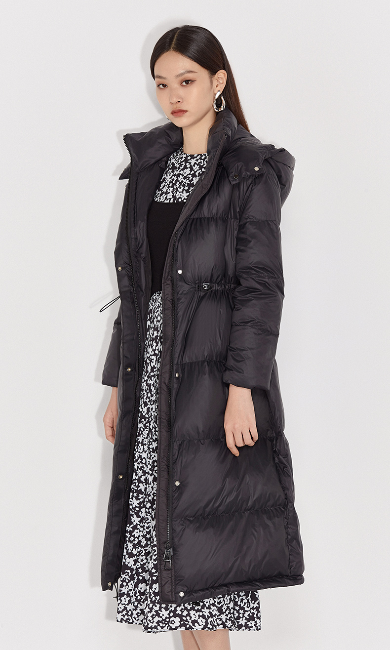 黑标系列欧时力新款冬装抽绳连帽保暖长款羽绒外套女杏色870m