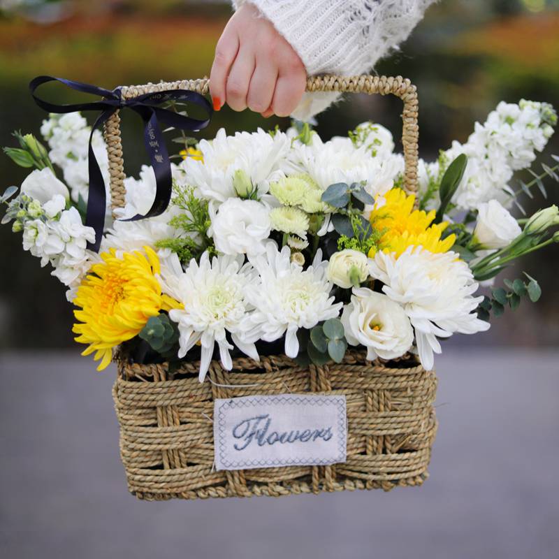 清明节手提花篮黄白菊花束花篮清明节扫墓上坟祭奠祭祖鲜花速递上海