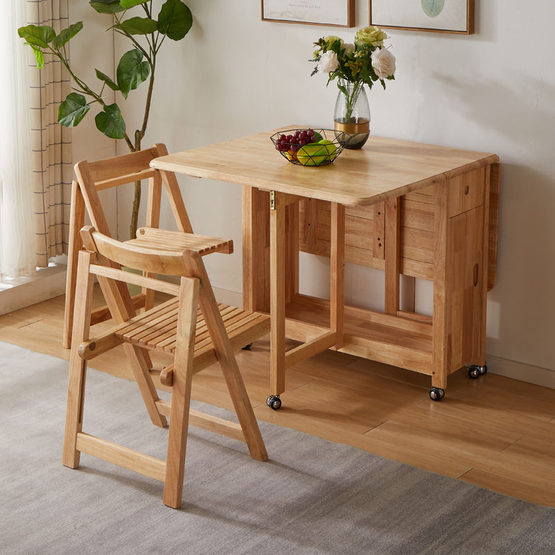 北欧折叠餐桌带移动轮家用小户型可伸缩现代吃饭桌椅组合原木色折叠桌