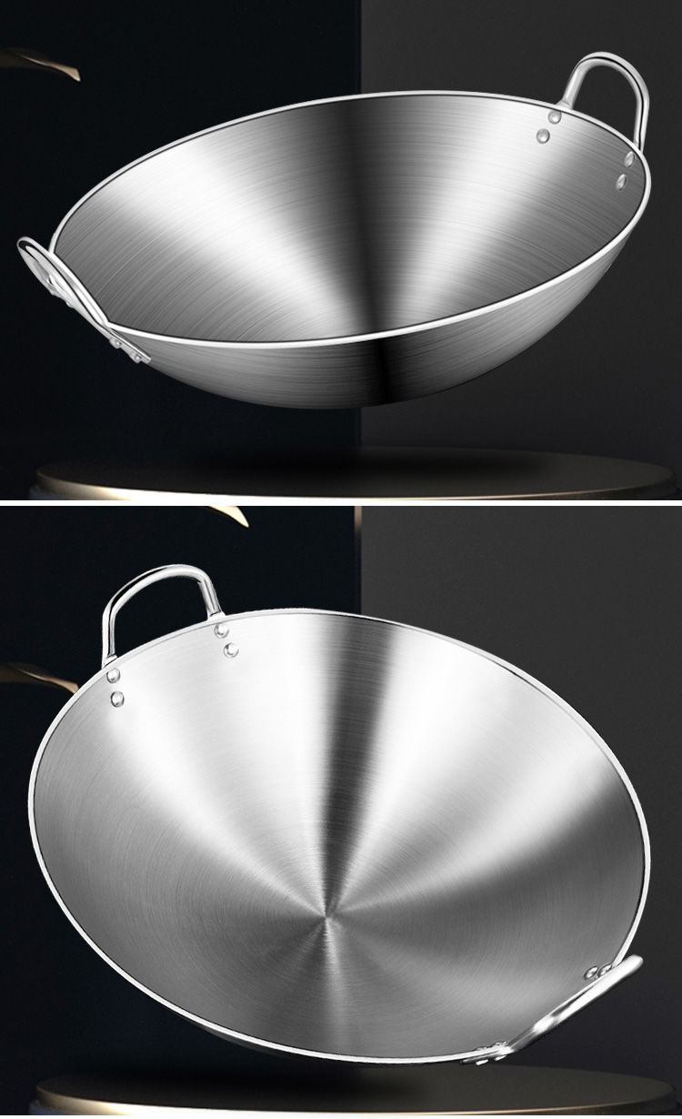 德国304不锈钢双耳炒锅无涂层不粘锅家用炒菜锅酒店加厚不锈钢锅直径