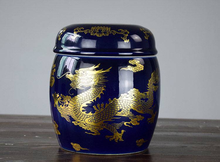 骨灰罐陶瓷景德镇陶瓷双盖骨灰坛骨灰罐祭蓝金龙纹陶瓷棺材捡骨罐骨灰