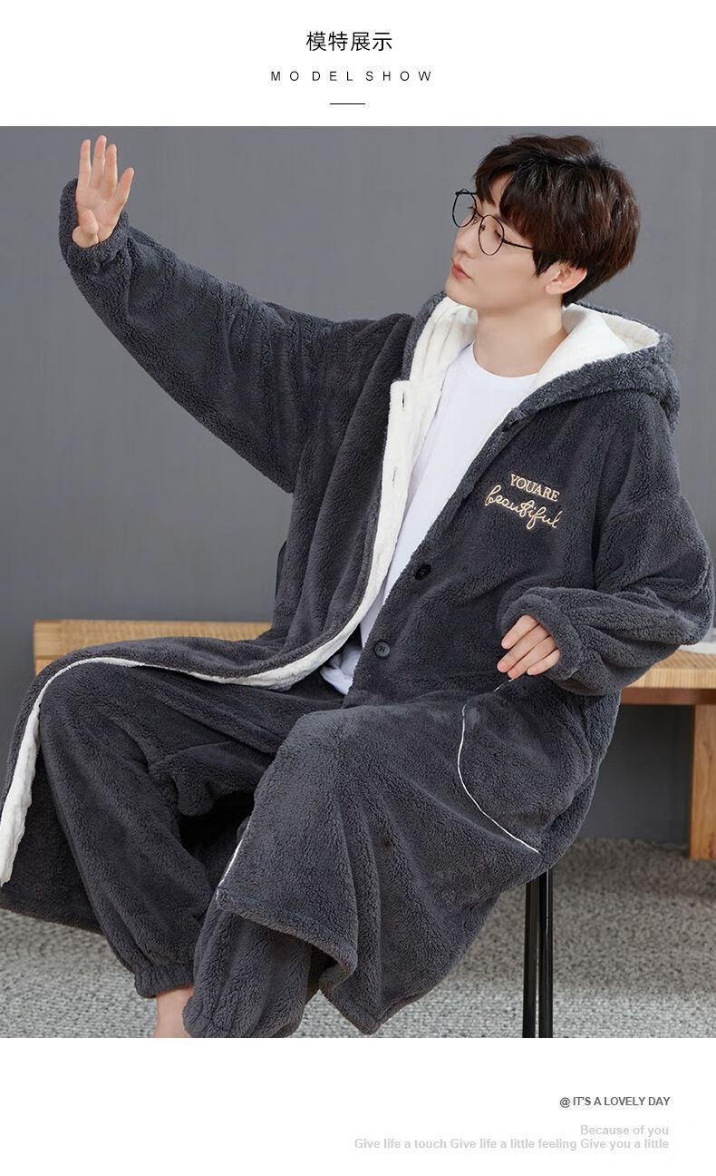 睡衣男冬连体睡衣男士秋冬季珊瑚绒加绒加厚法兰绒长毛绒连体长款睡袍