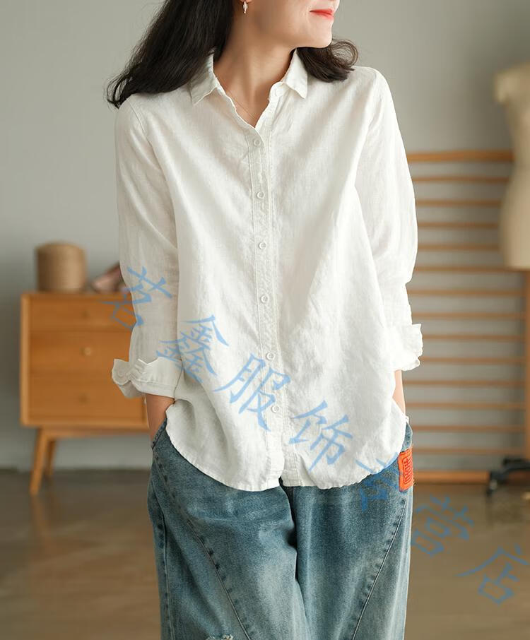 新款女士时尚麻布衣服女装款麻料女装上衣百搭女式文艺范白色衬衫女棉