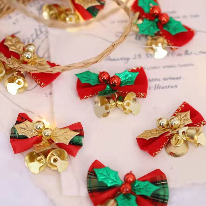 品吊饰场景布置装饰品圣诞蝴蝶结挂铃铛北极象小铃铛红色金叶六个装
