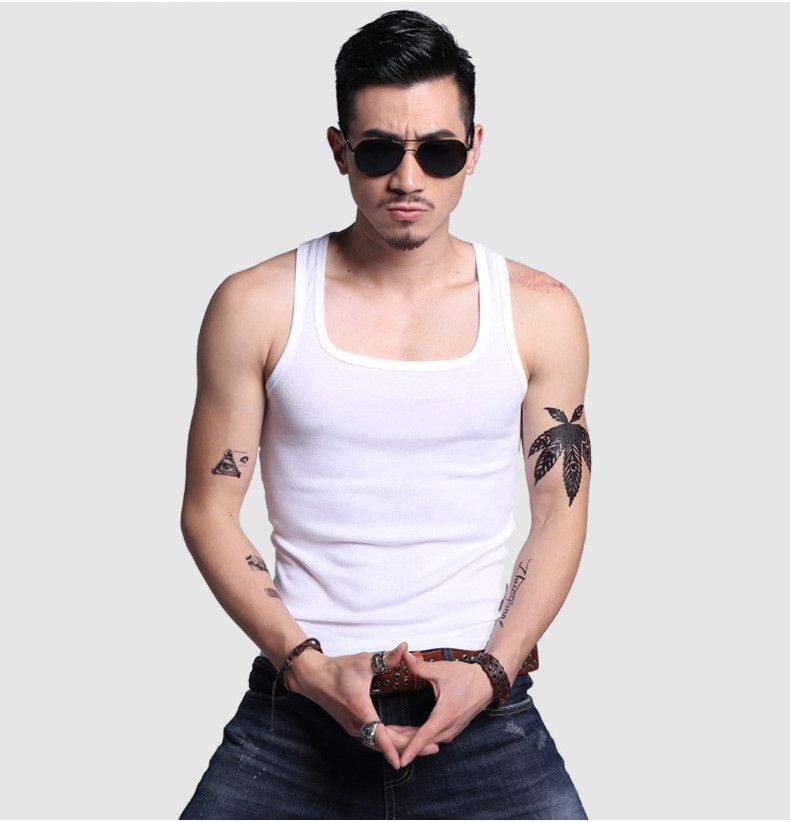 二道背心男男士棉夏季款紧身韩版潮学生修身型二道平口吊带两根筋方领